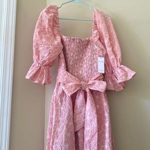 New pink eyelet smocked midi dress